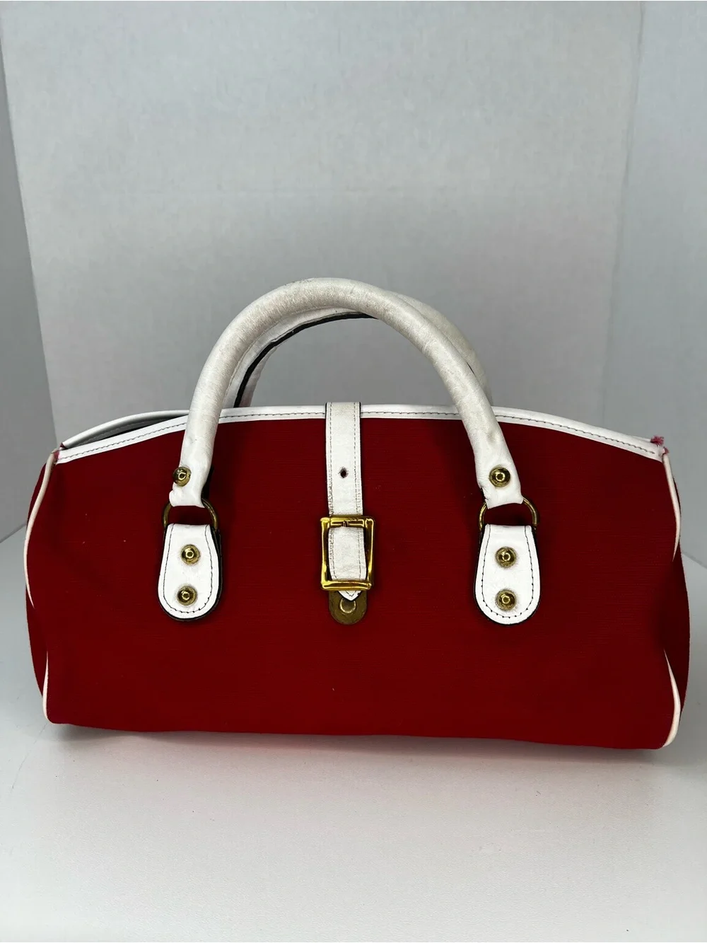Vintage Ronay Red Canvas & White Leather Satchel Handbag